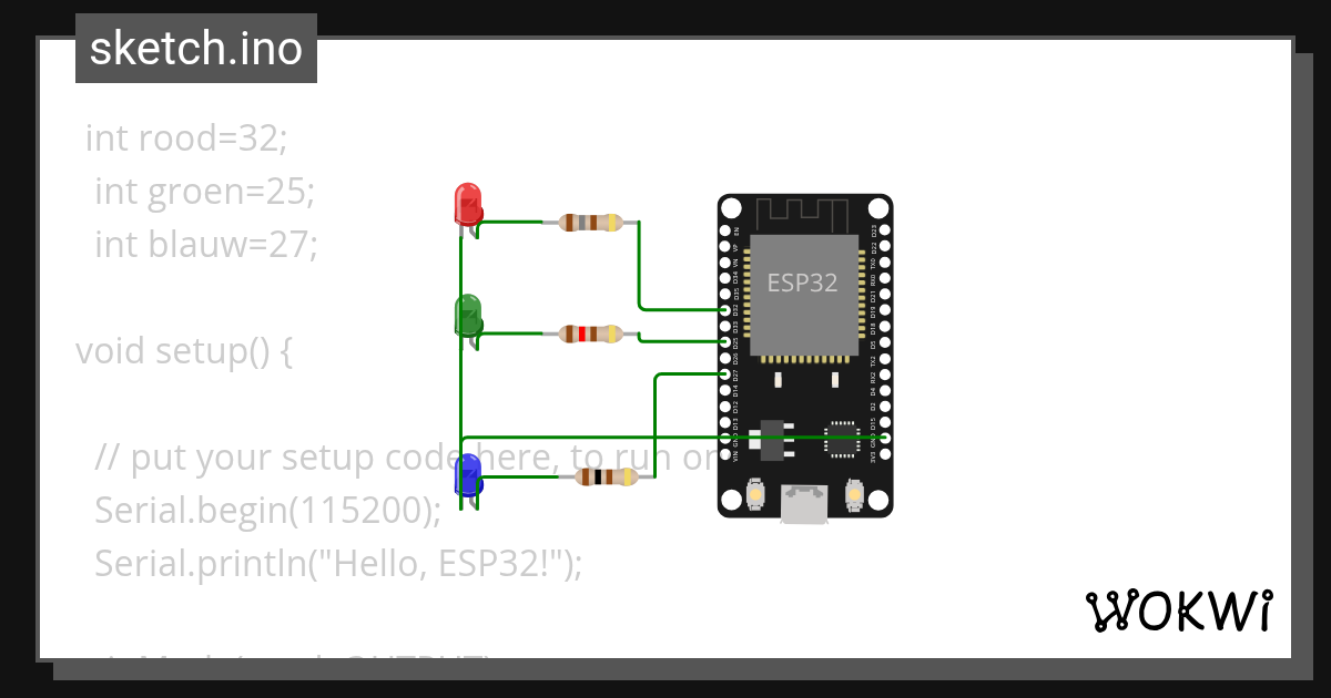 drie leds - Wokwi ESP32, STM32, Arduino Simulator