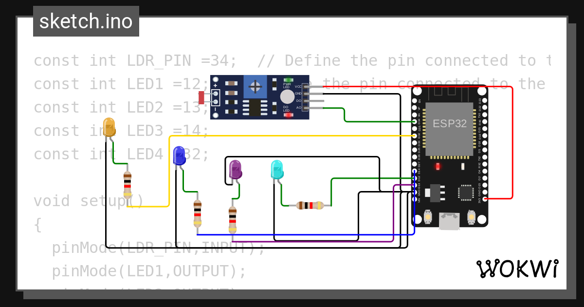 LDR with ESP32 - Wokwi ESP32, STM32, Arduino Simulator