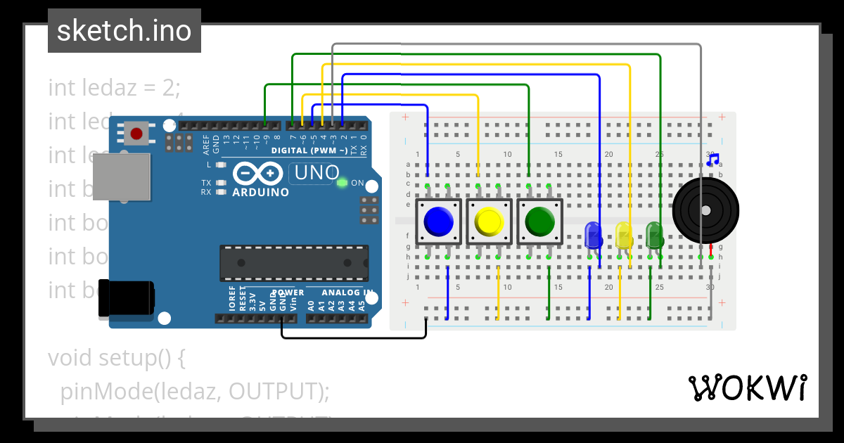 3 botões, 3 LEDs e 1 buzzer - Wokwi ESP32, STM32, Arduino Simulator