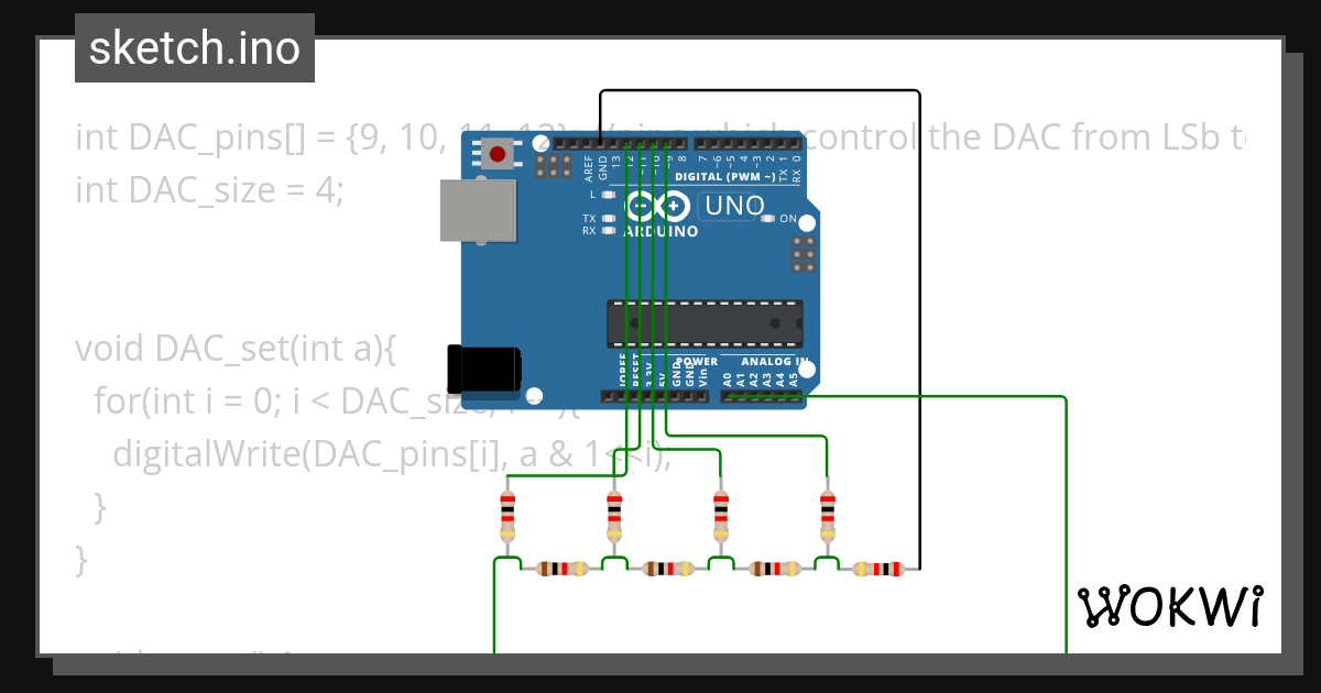 Arduino resistor ladder DAC Wokwi ESP32, STM32, Arduino Simulator
