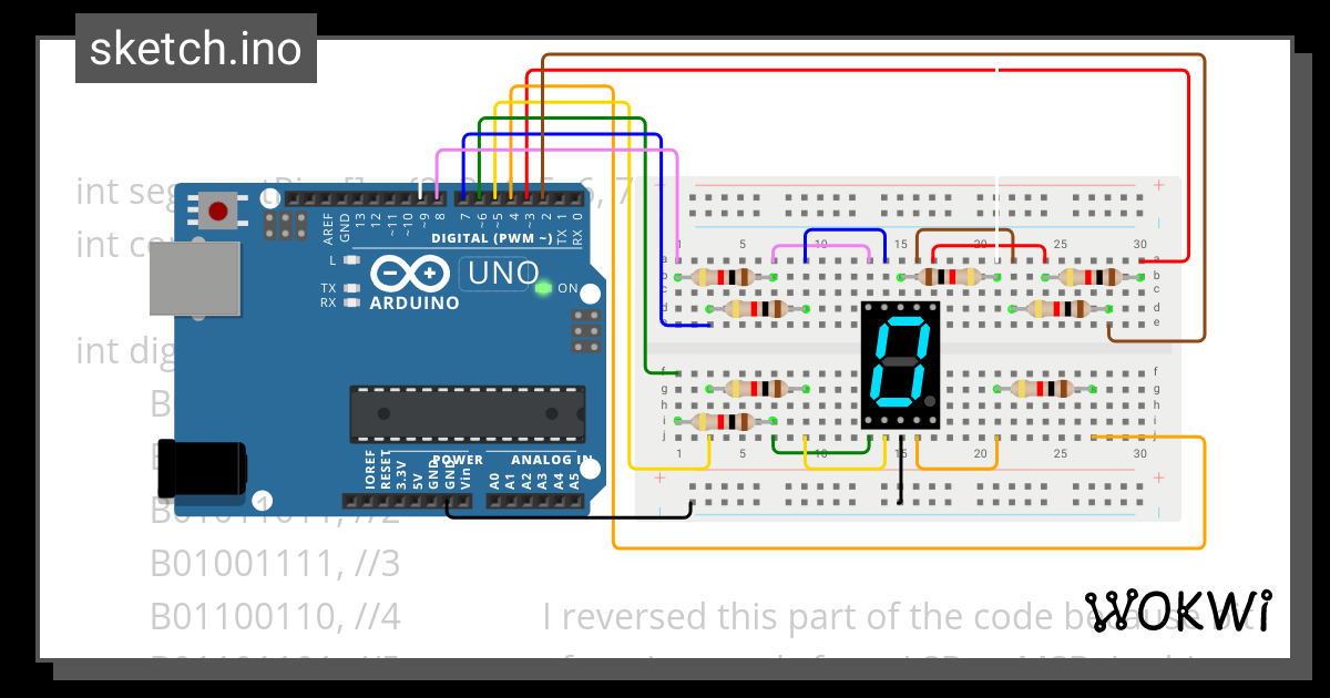 7 segment display(Common Cathode) - Wokwi ESP32, STM32, Arduino Simulator