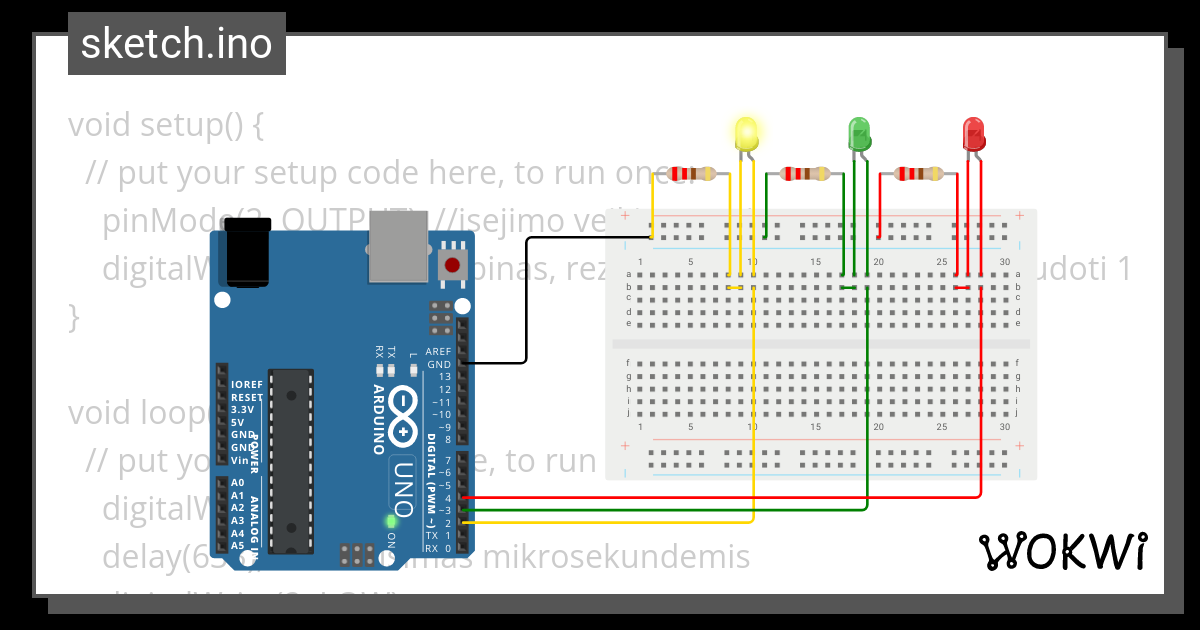 Arduino UNO Sviesoforas - Wokwi ESP32, STM32, Arduino Simulator