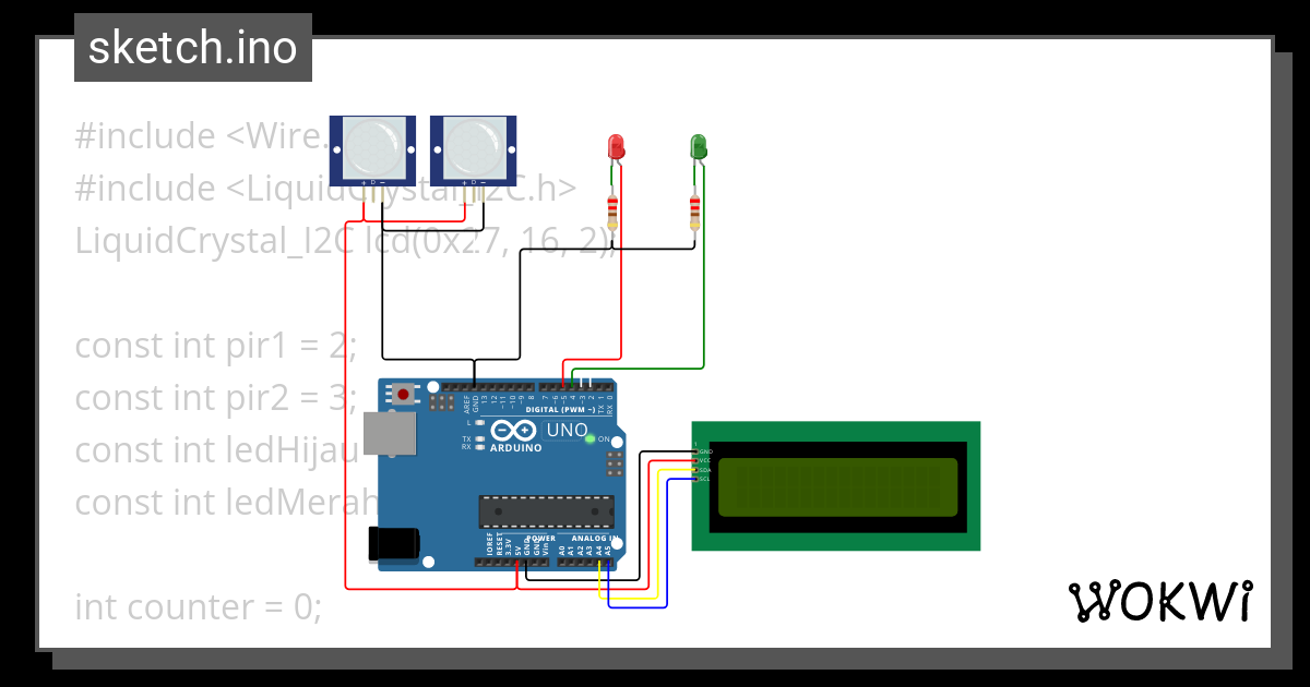 counter 2 pir sensor, 2 led dan lcd Copy - Wokwi ESP32, STM32, Arduino ...