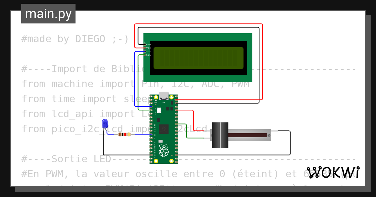 Raspberry pi pico 1 ecran lcd 1 slide potentiometre 1 led pwm barre