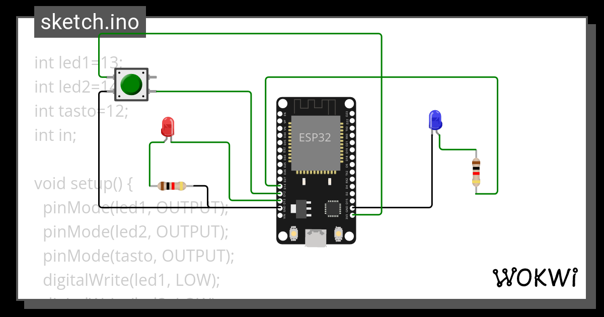 bottone+blink esp32 - Wokwi ESP32, STM32, Arduino Simulator