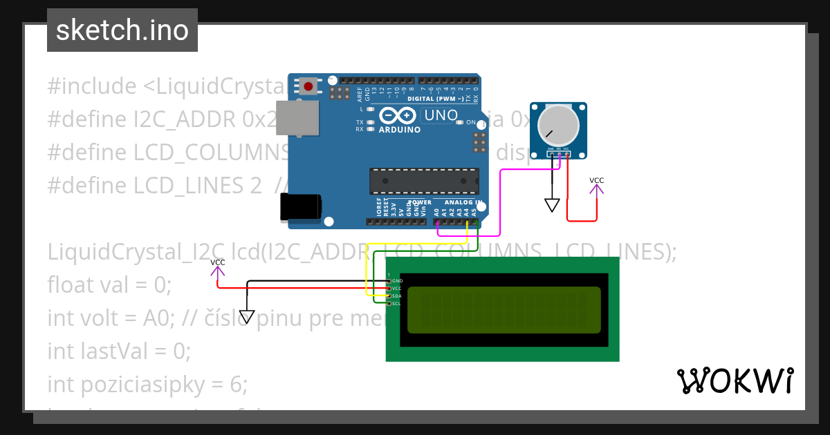 Domaca uloha pot, lcd, uno, voltznak - Wokwi ESP32, STM32, Arduino ...