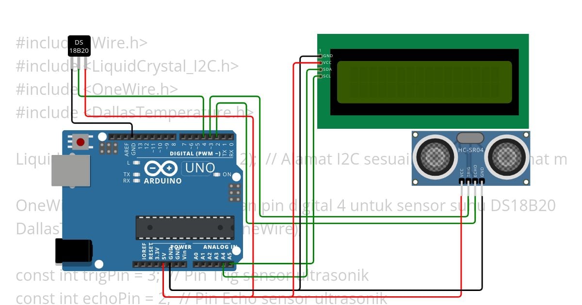  sistem pengukur parkir yang menggunakan sensor ultrasonik untuk mendeteksi kehadiran kendaraan di tempat parkir dan sensor suhu (DS18B20) untuk mengukur suhu lingkungan simulation