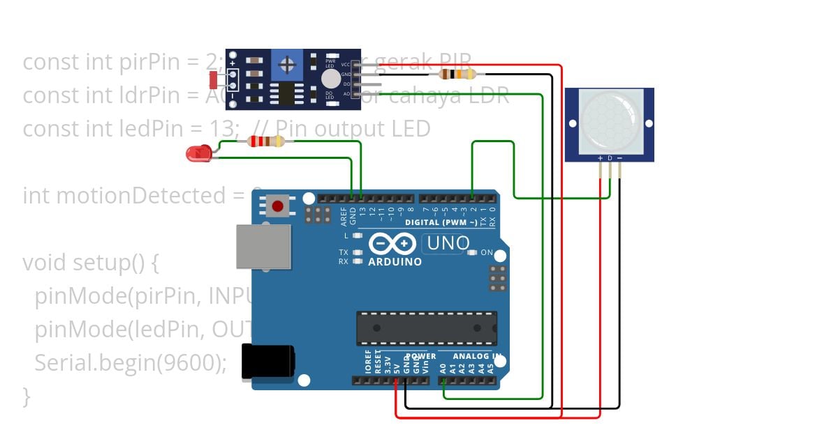 Sistem Penerangan Otomatis dengan Sensor Gerak dan Sensor Cahaya simulation