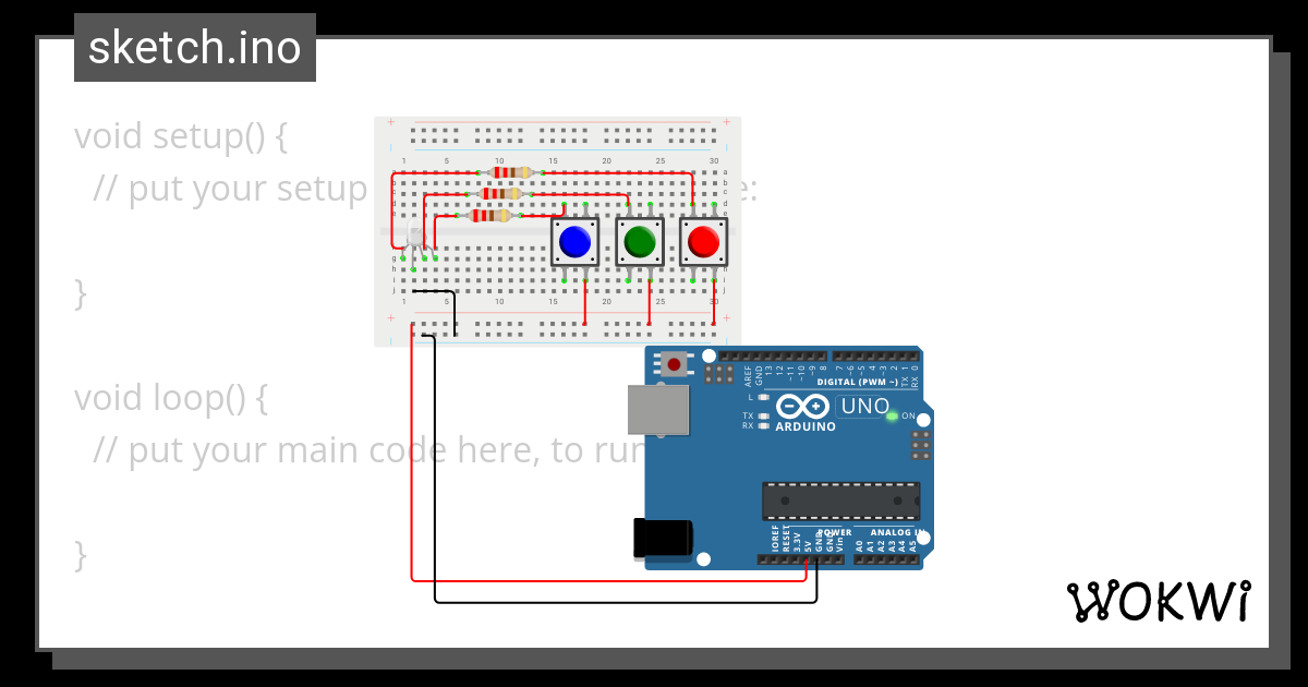 Dioda RGB i 3 buttony - Wokwi ESP32, STM32, Arduino Simulator