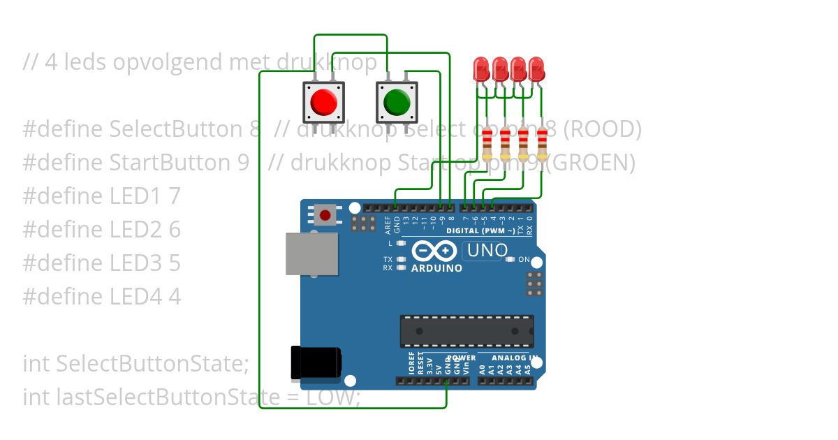 drukknop en 4 leds simulation