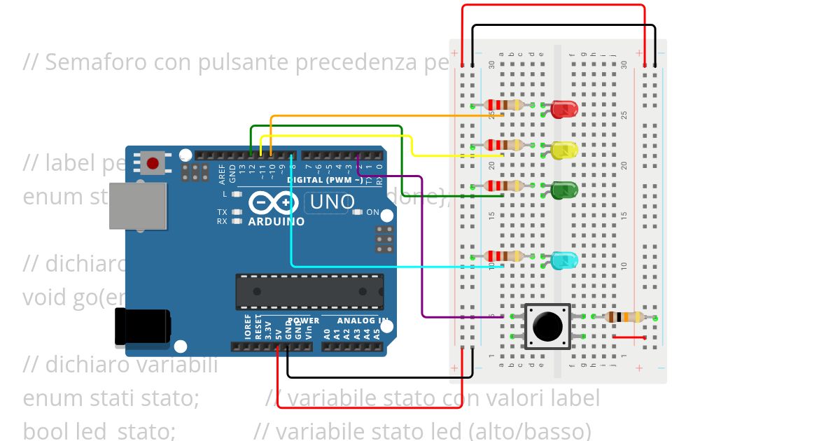 Semaforo con pulsante (senza delay) simulation