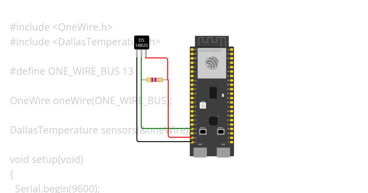 DallasTemperature ESP32-S3 Example Simple - By Izal simulation
