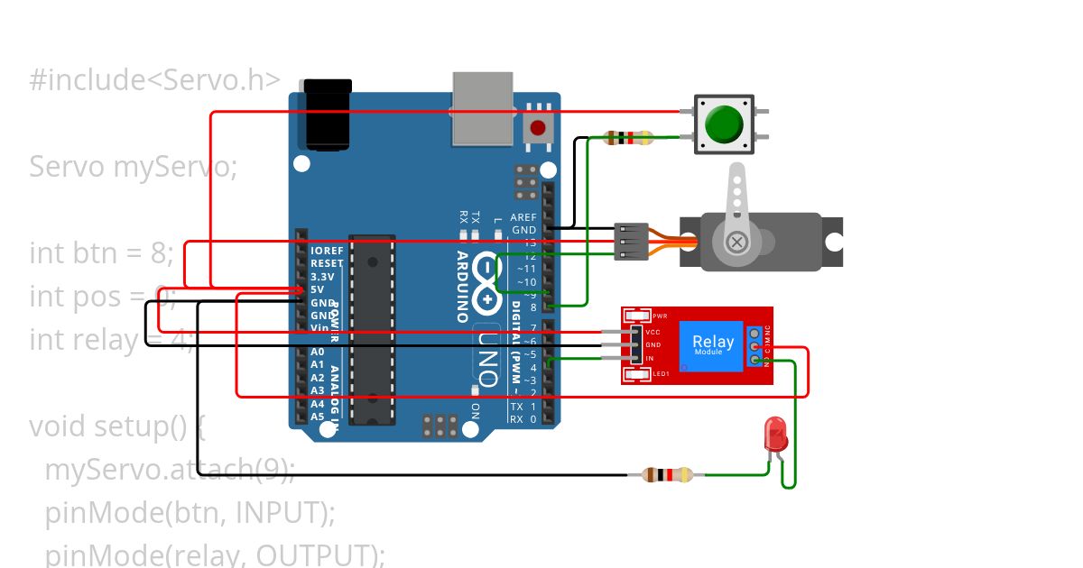 Relay, Servo, Button, and LED simulation