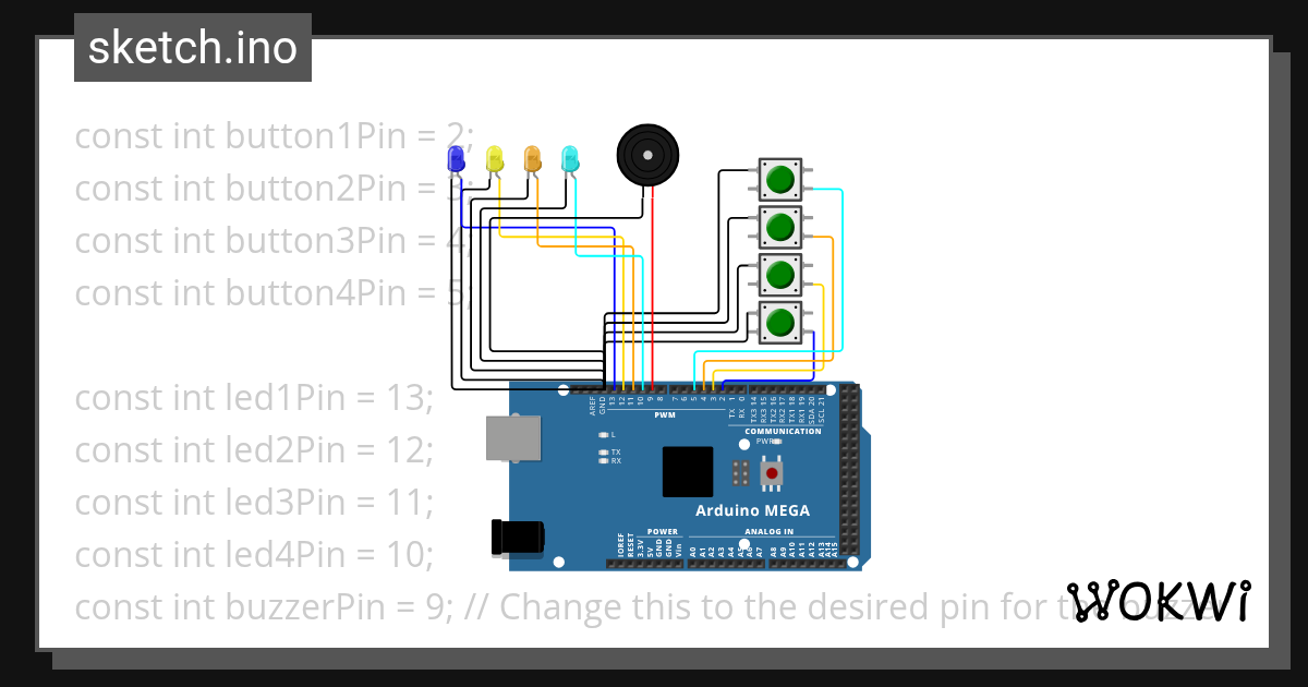 LED 4 button with buzzer - Wokwi ESP32, STM32, Arduino Simulator