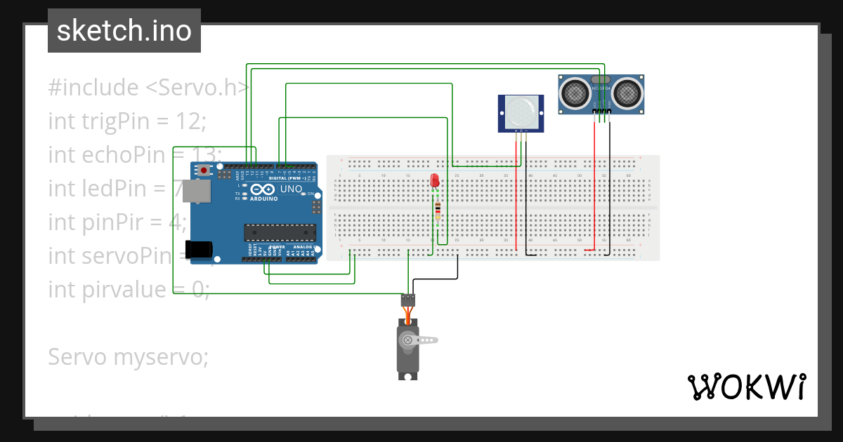 servo+buzz+ultra+pinpir Wokwi ESP32, STM32, Arduino Simulator