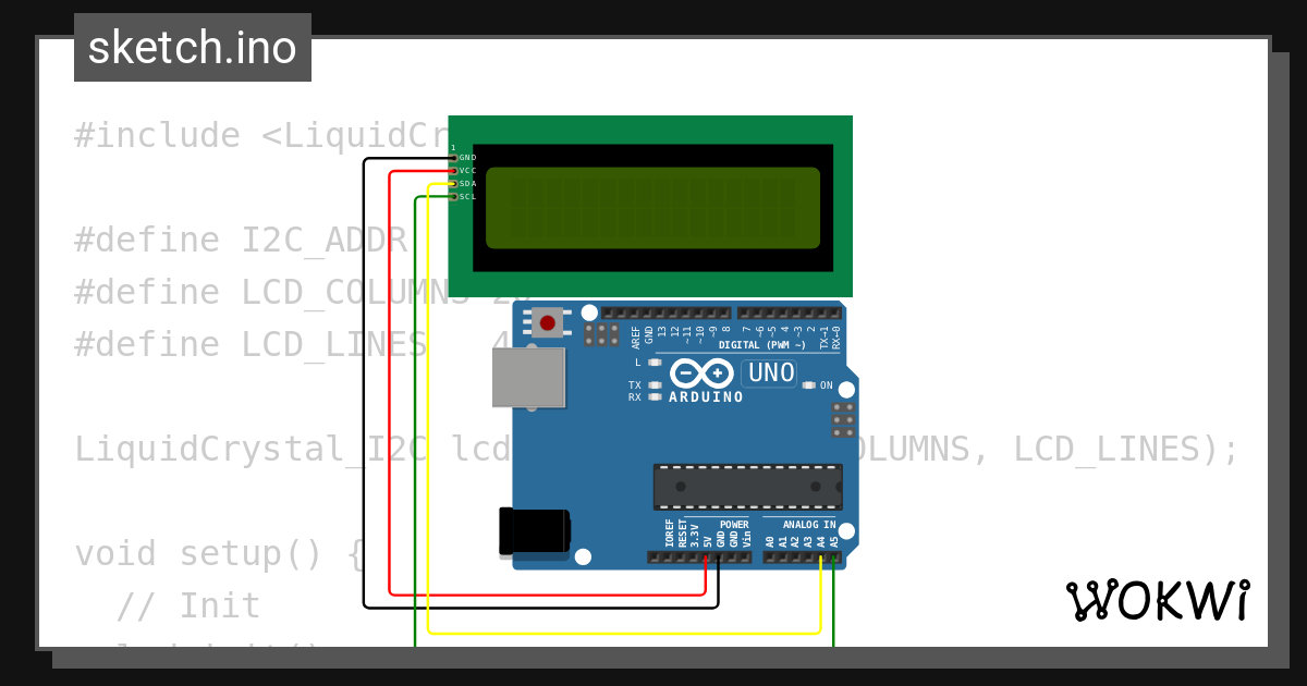 monitor LCD 16x2 i 2c - Wokwi ESP32, STM32, Arduino Simulator