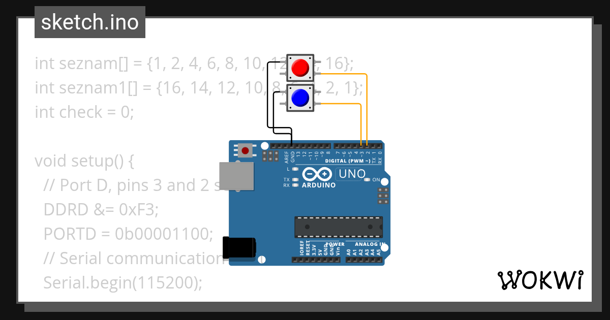Arduino Uno two buttons w an array - Wokwi ESP32, STM32, Arduino Simulator