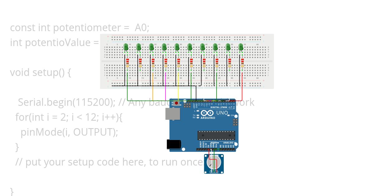 Using Potention and Multiple LED to illustrate Graph-like visualization of potentiometer value simulation