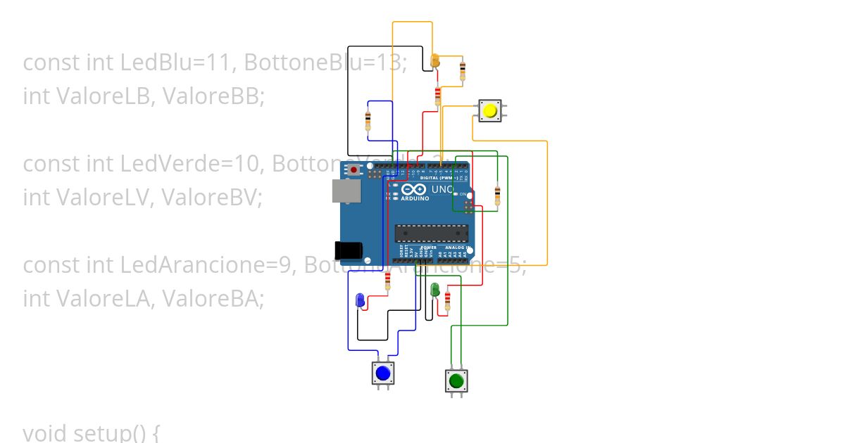 circuito con 3 bottoni e 3 led simulation