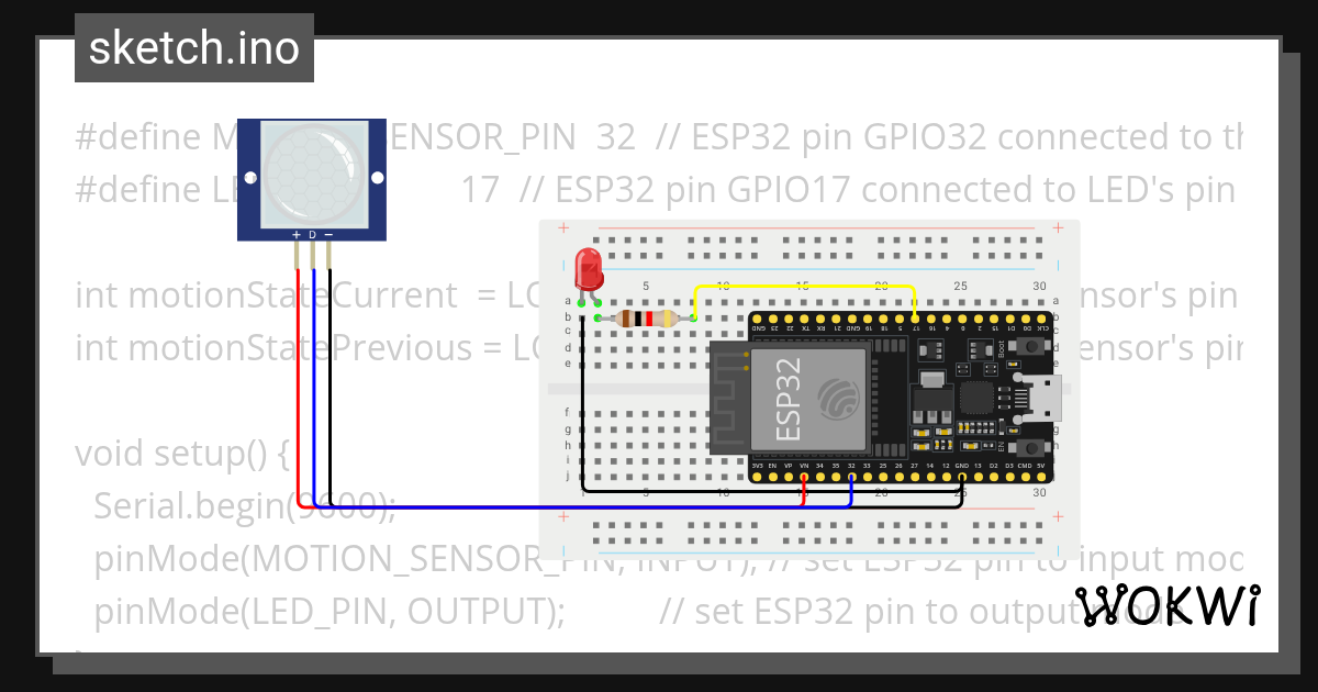 motion sensor trigger led - Wokwi ESP32, STM32, Arduino Simulator