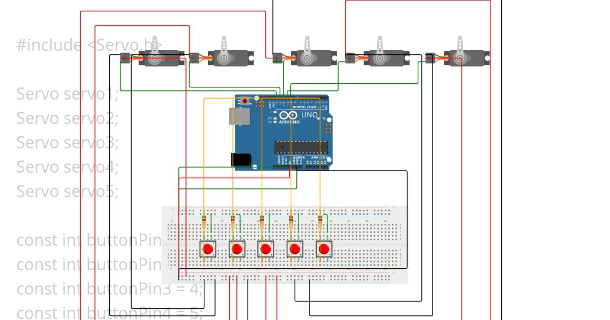 Movement of 5 servos with 5 pushbuttons simulation
