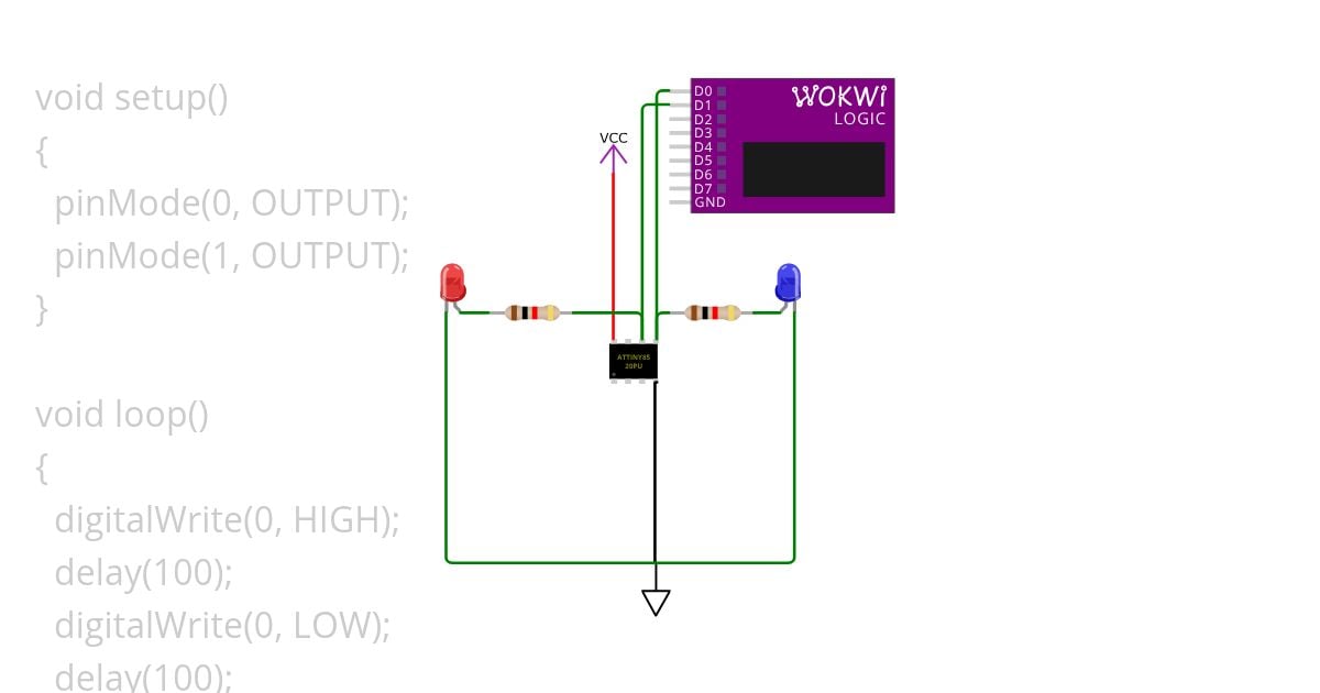POLICE light flasher with ATTiny85 simpler loop v1 simulation
