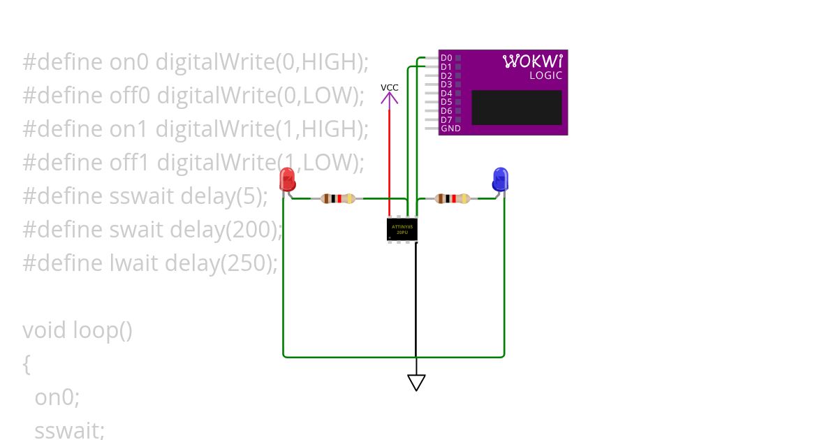 POLICE light flasher with ATTiny85 simpler loop v1 Copy simulation