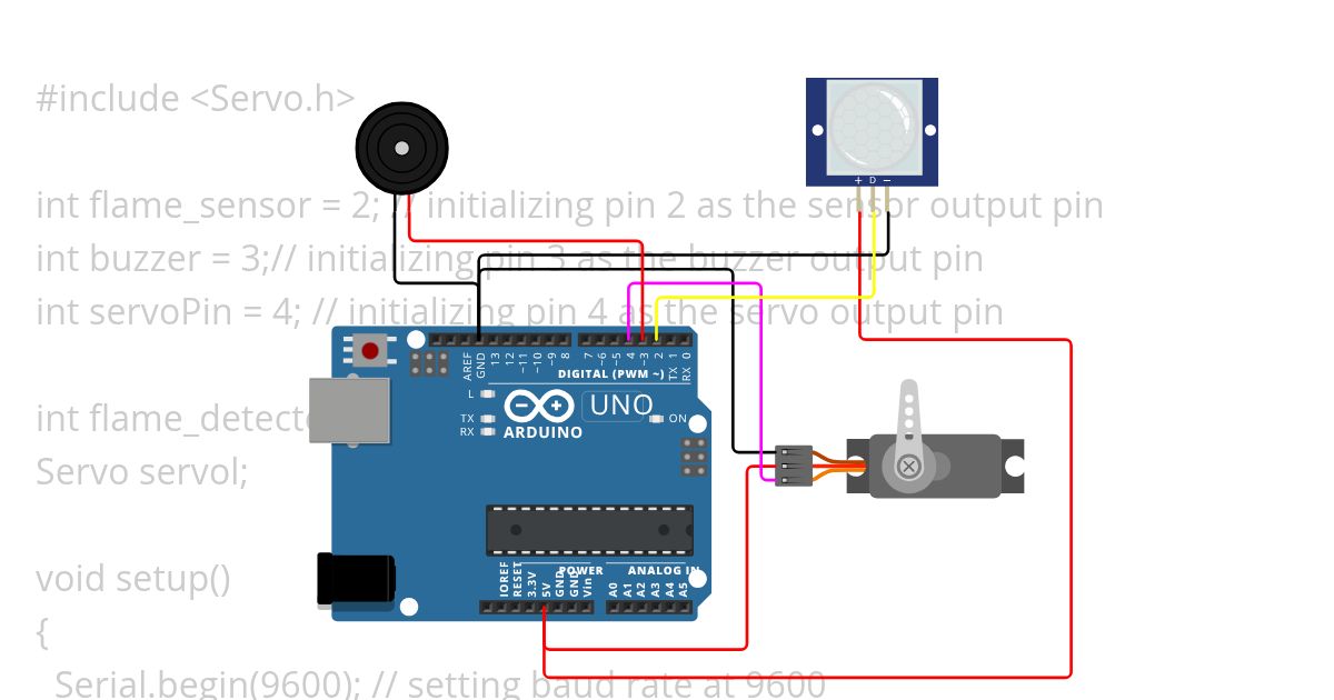 FIRE DETECTOR OUT BUZZER & SERVO simulation