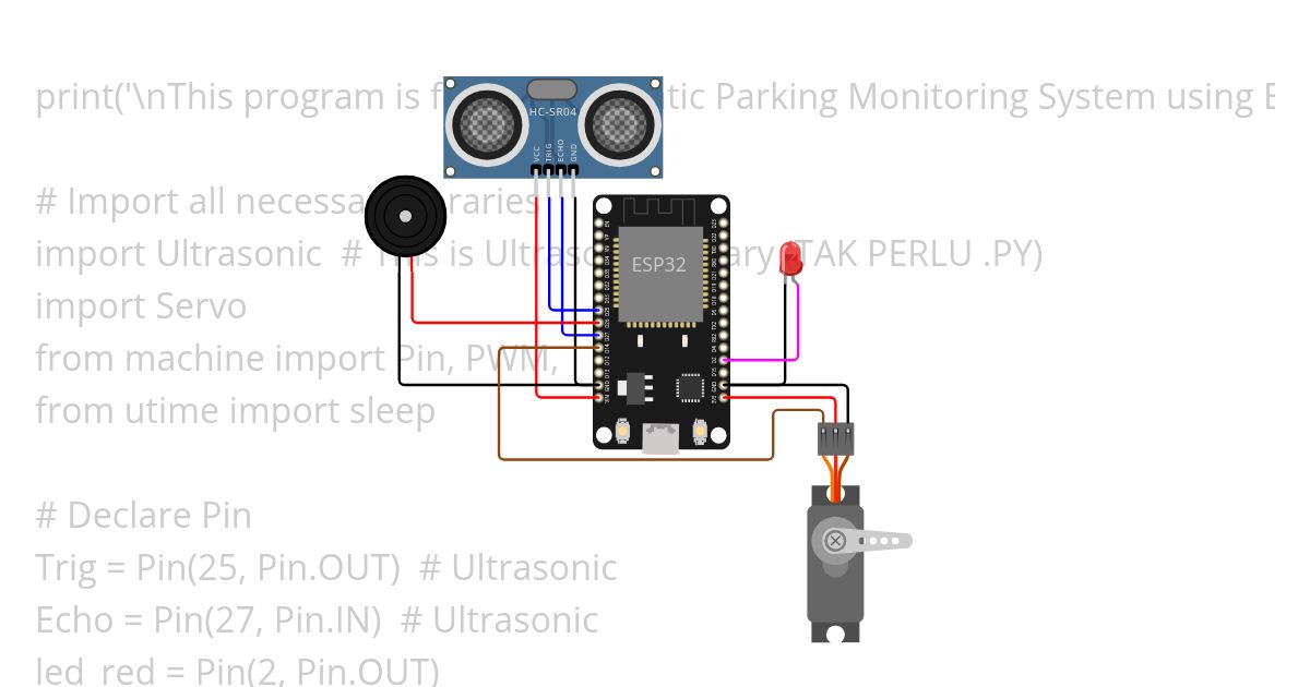 Automatic Parking Monitoring System Using ESP32,SG90 Servo Motor, HC-05 Ultrasonic Sensor, Buzzer, LED & Favoriot Platform simulation