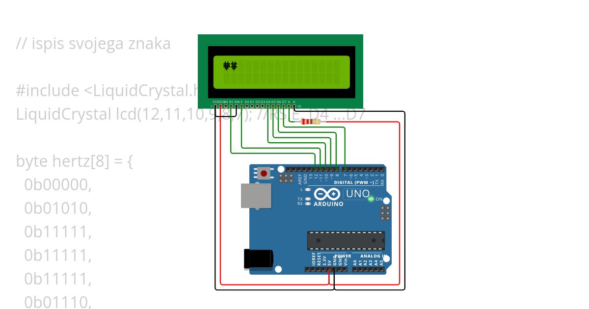 Izpis srčka na lcd zaslon simulation