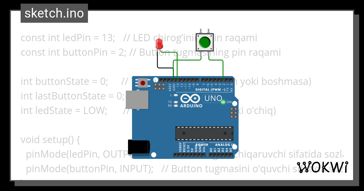 149.Arduinoga LED chirog‘I va Button ulang. Button bosilganida LED ...