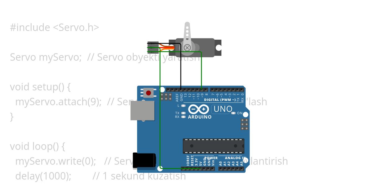 132.Servo motorni harakatlantirish dasturini tuzing, ya’ni Servo motor 180 gradusga aylansin va joyiga qaytsin. Copy (2) simulation