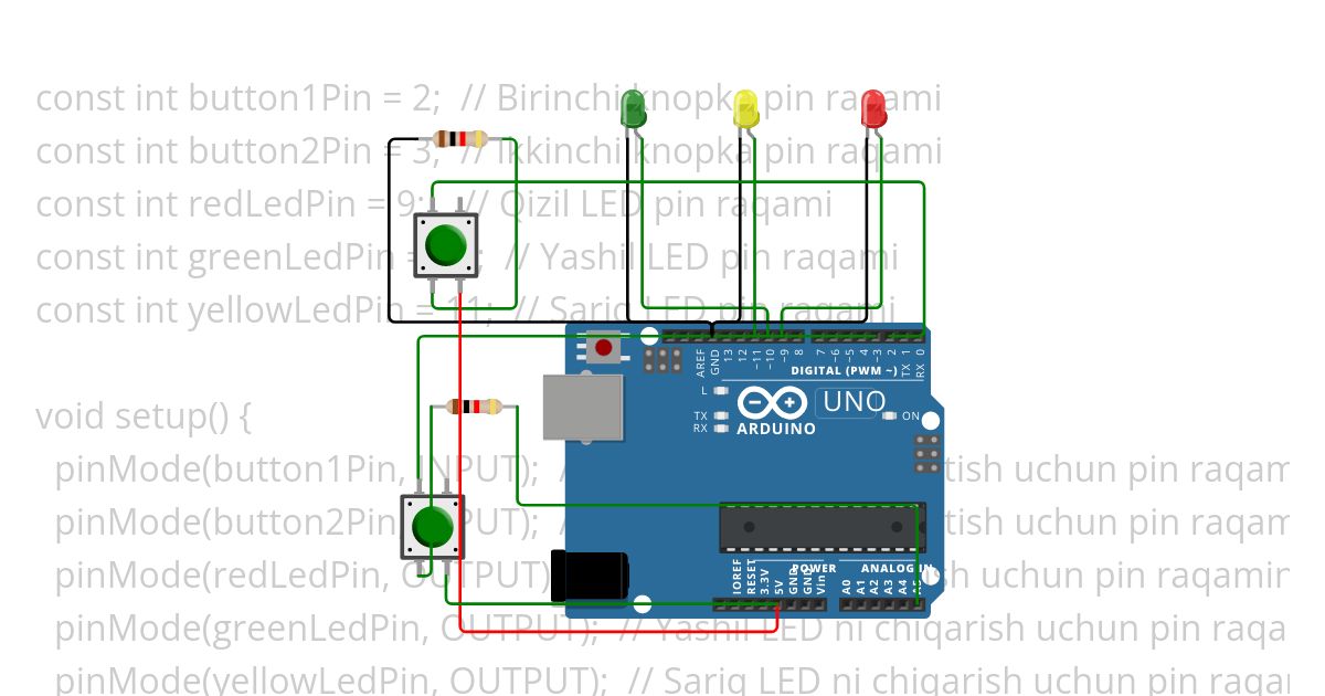 128.Uchta LED va ikkita knopka ulang. Birinchi knopka bosilganida qizil chiroq yonsin, ikkinchisi bosilganida yashil chiroq yonsin. Ikkalasi ham bosilganida sariq chiroq yonsin. Bir chiroq yonganida qolganlari o‘chgan holatda bo‘lsin. Copy (2) simulation