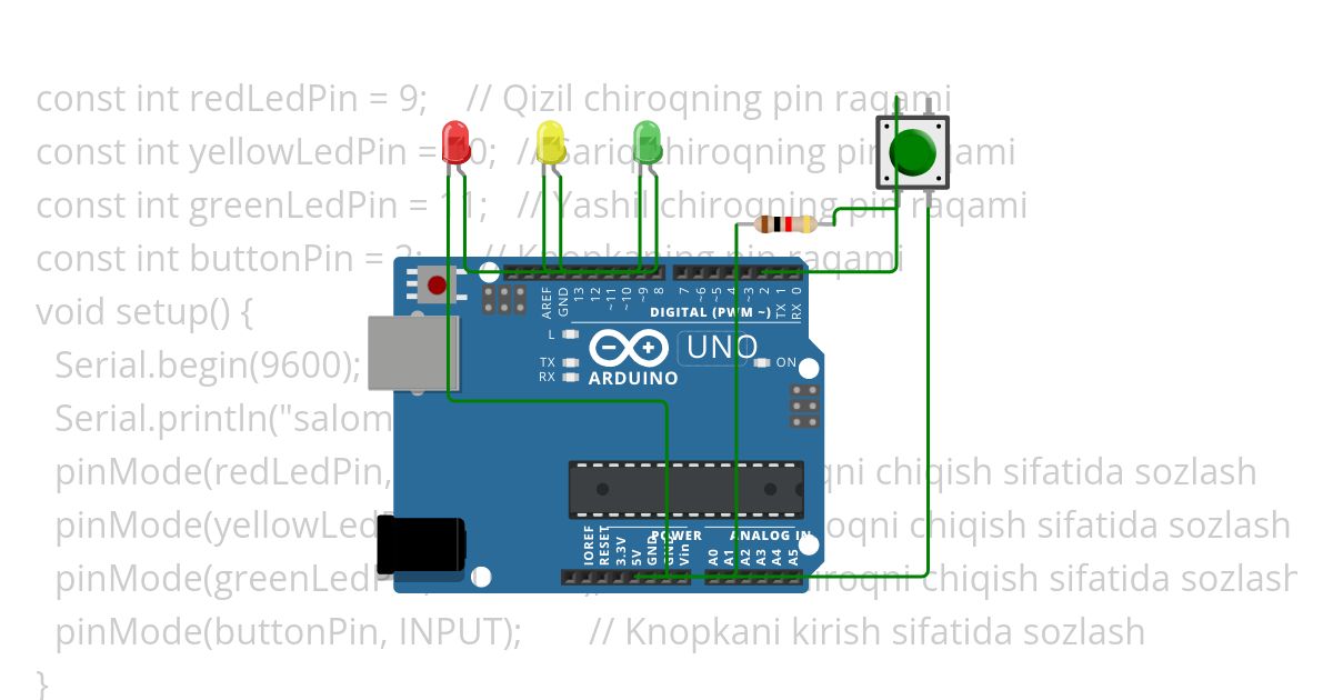 124.LED	chiroqlaridan	svetofor	yasang	va	svetoforning	ishlashini	knopka	bilan boshqaring. Ya’ni knopka bosilganida svetofor 1 minut ishlasin va 1 minutdan so‘ng, yana faqat yashil chiroq rejimiga o‘tkazilsin Copy (2) simulation