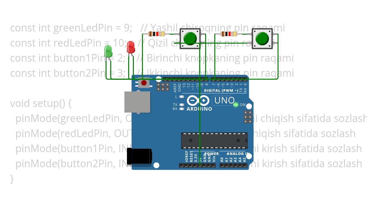 #123.Arduinoga ikkita LED va ikkita knopka ulang. Birinchi knopka bosilganida yashil, ikkinchi knopka bosilganida qizil chiroq yonsin, ikkalasi ham bosilganida ikkalasi ham yonsin. Bosilmagan holatda chiroqlar o‘chsin.  Copy (2) simulation