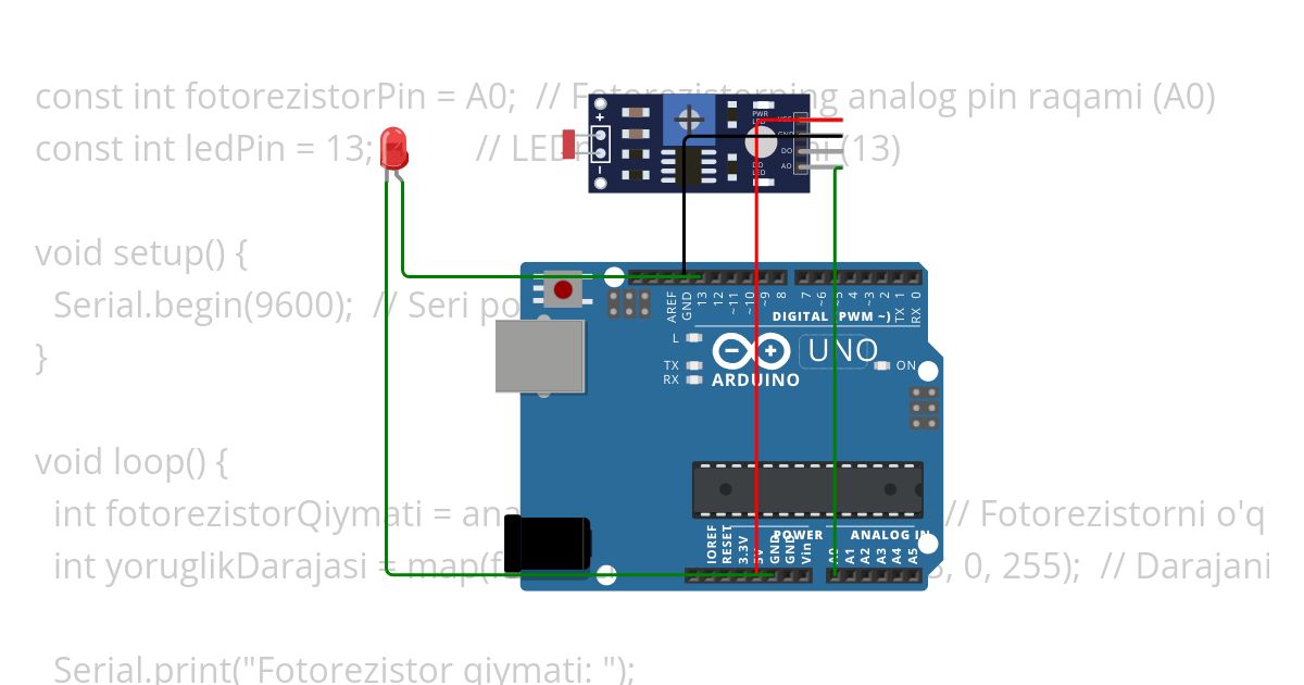 Arduino-ga fotorezistorni ulash va yorug‘lik datchigi bilan ishlash #90 Copy (2) simulation