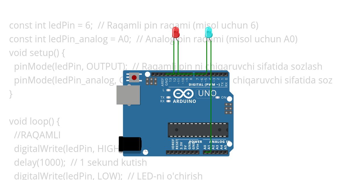 Arduinoda 6-pinMode bog‘lagan holatda LED chirog‘ini yoqib o‘chirish #78 Copy simulation