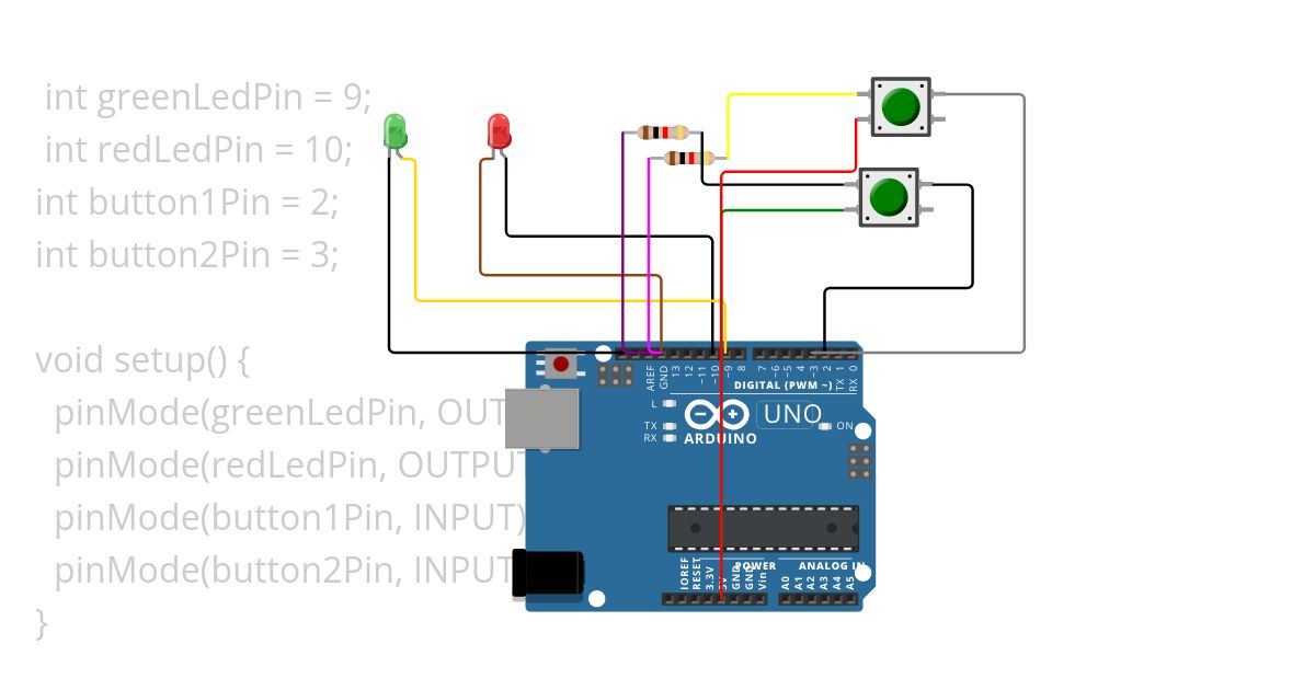 #123.Arduinoga ikkita LED va ikkita knopka ulang. Birinchi knopka bosilganida yashil, ikkinchi knopka bosilganida qizil chiroq yonsin, ikkalasi ham bosilganida ikkalasi ham yonsin. Bosilmagan holatda chiroqlar o‘chsin.  Copy (2) simulation