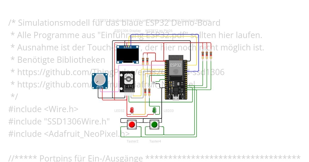 ESP32 Basisboard mit LEDs, Tastern und SSD1306 OLED simulation