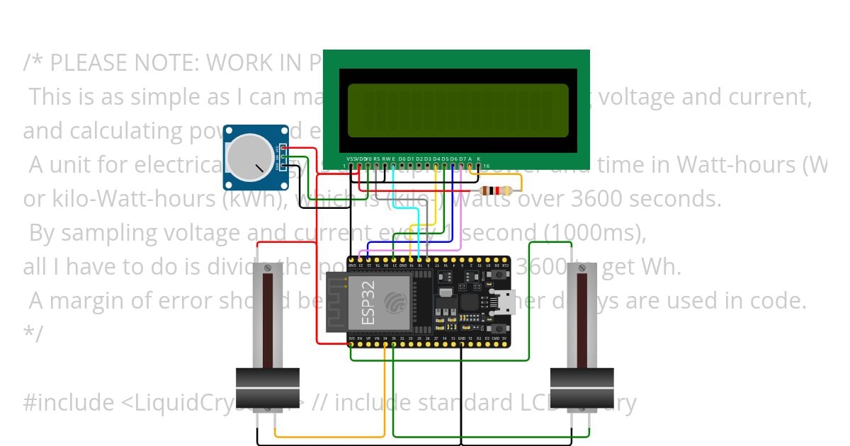 ESP32 ADC with LCD voltage, current, power, energy simulation
