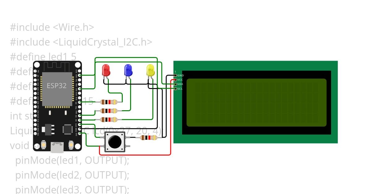 Tombol 3 Lampu + LCD simulation