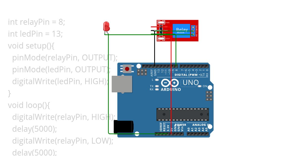 Control LED through relay module using Arduino simulation