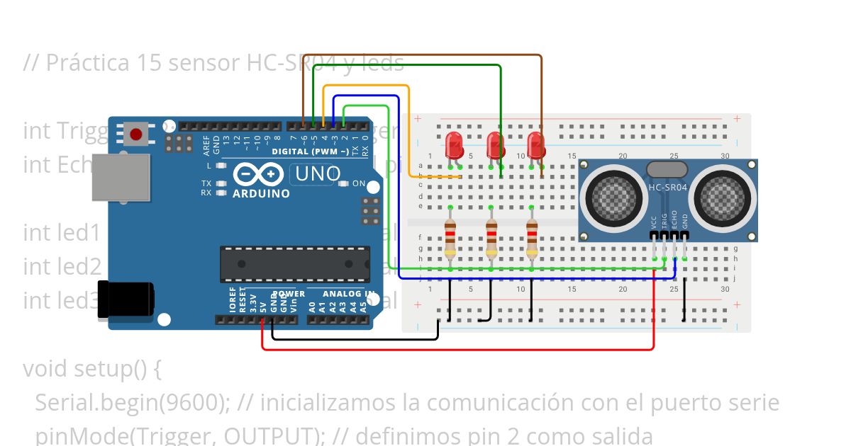 Práctica 15  sensor HR-SR04 y leds simulation