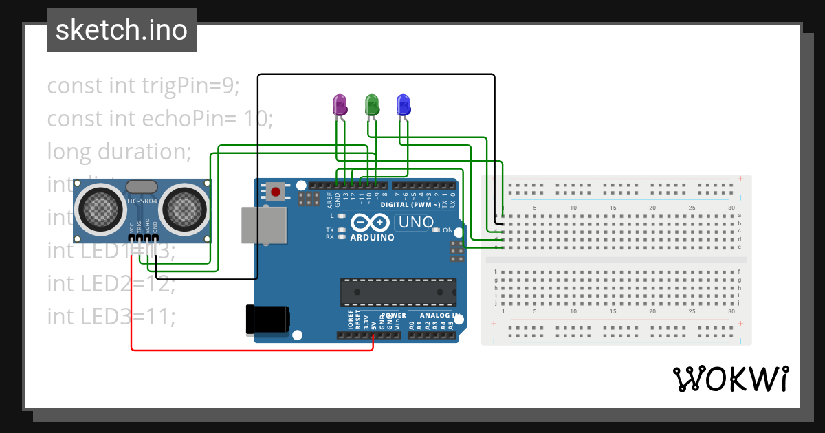 Distance LED with breadboard - Wokwi ESP32, STM32, Arduino Simulator