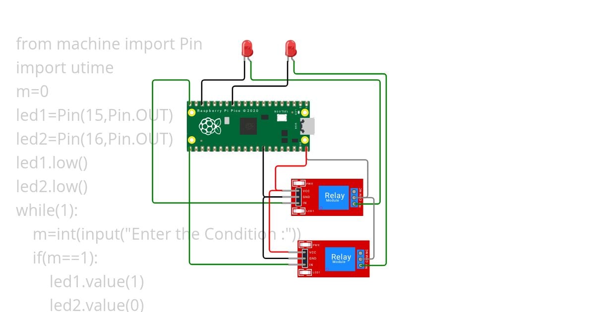 controlling two leds with two relays simulation