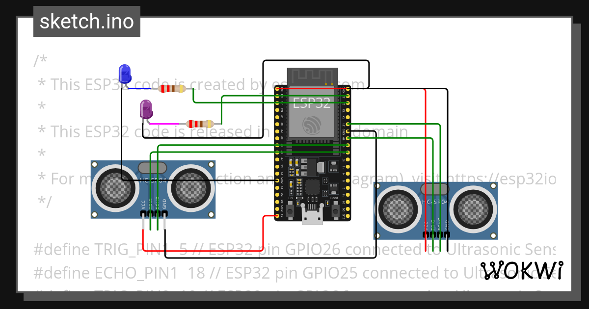 Ultrasonic Distance Sensor 2 LED Copy Wokwi ESP32 STM32 Arduino 