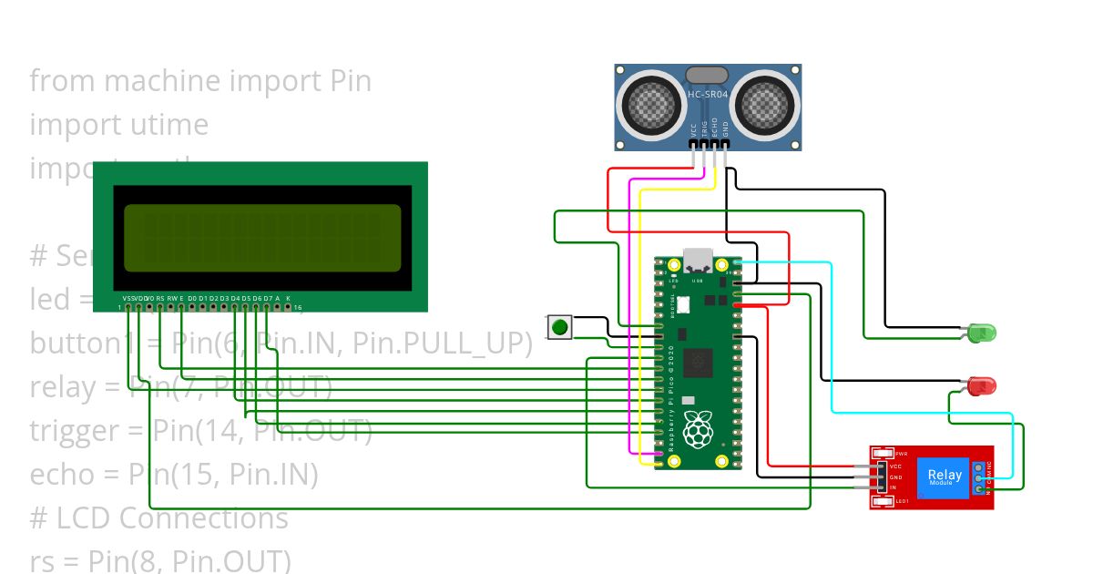 LED + BUTTON + RELAY + ULTRA SONIC SENSOR + LCD simulation