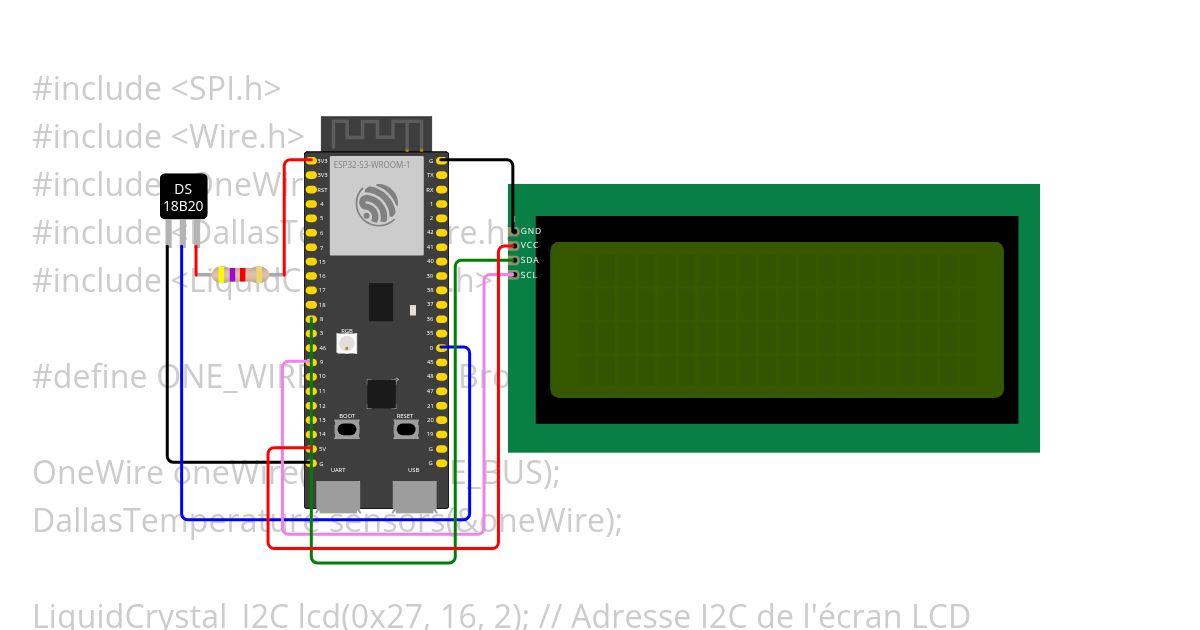 ESP32-S3+LiquidCrystal_I2C+DS18B20 simulation