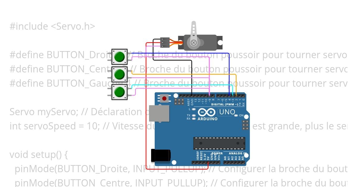 Servo et Bouton DROITE/MILLIEU/GAUCHE  simulation