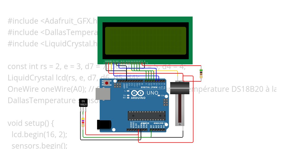 Temperature by ds18B20 +potentiometres test simulation
